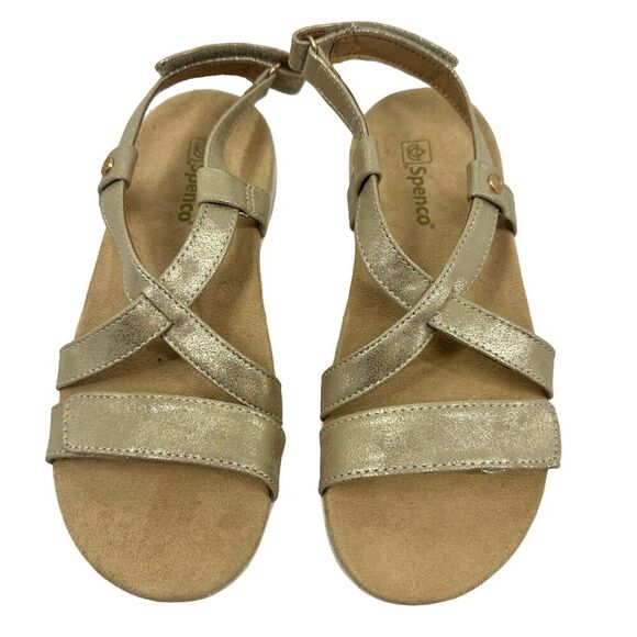 Spenco Grace Strappy Sandals Beige Pewter Metallic Suede Ankle Strap 7 B - Picture 1 of 9